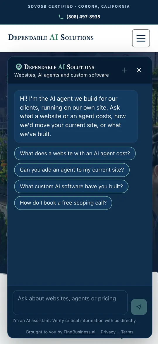 Dependable AI Solutions' website on a phone with its AI agent open in the company's navy and mint, under its wordmark, offering suggested questions about prices, adding an agent to a current site, custom AI software, and booking a scoping call.