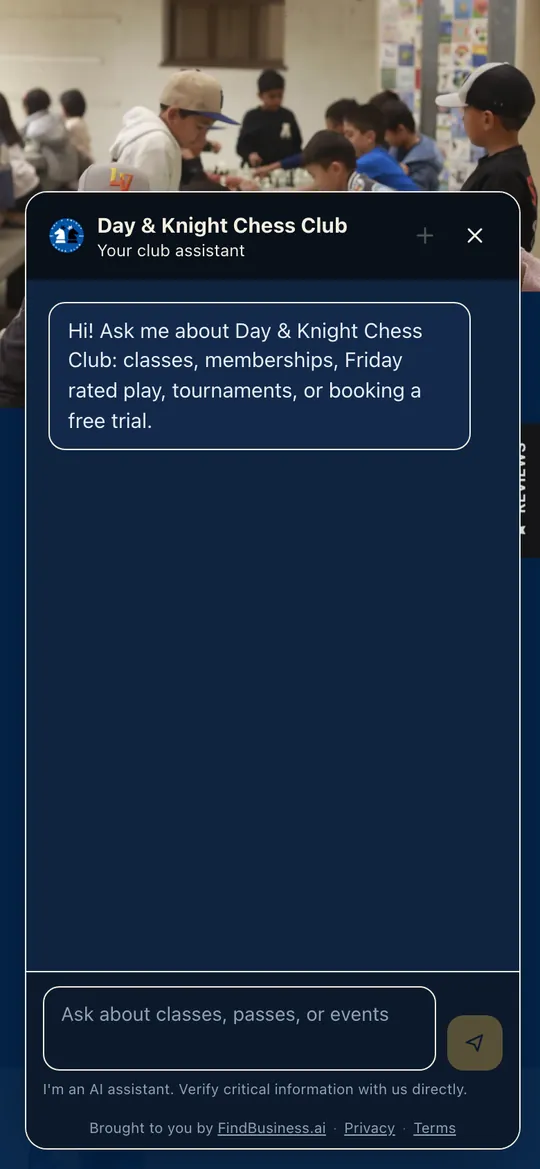 Day & Knight Chess Club's website on a phone with its AI agent open, offering to answer about classes, memberships, rated play, tournaments or a free trial.