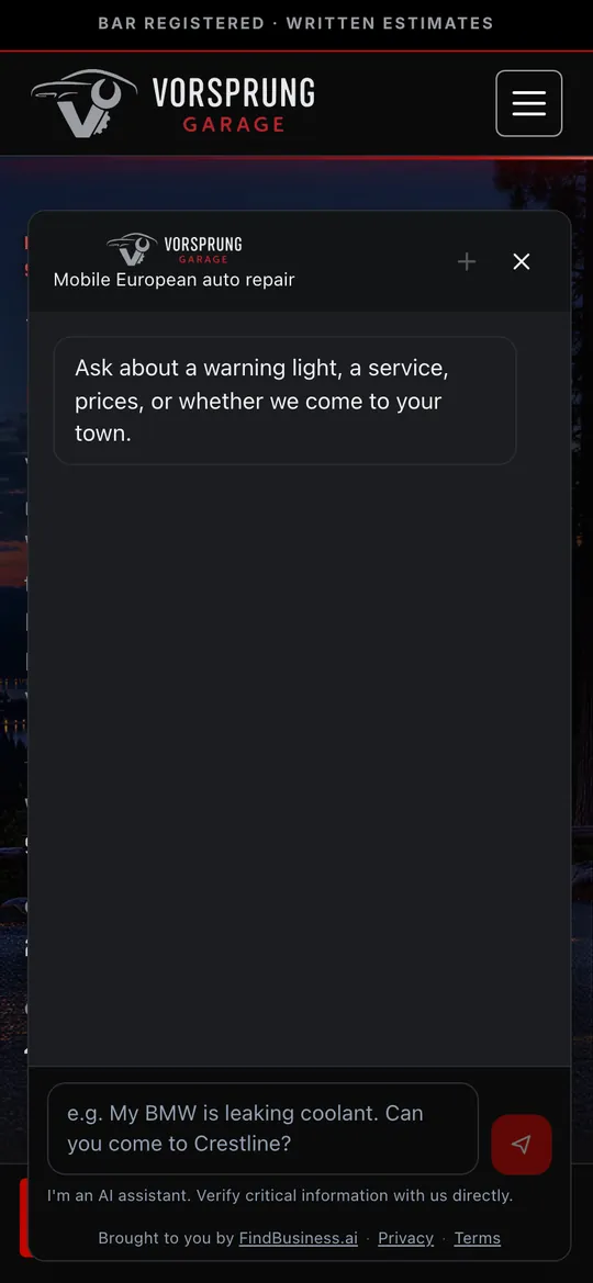 Vorsprung Garage's website on a phone with its AI agent open, inviting questions about a warning light, a service, prices, or whether they come to your town.
